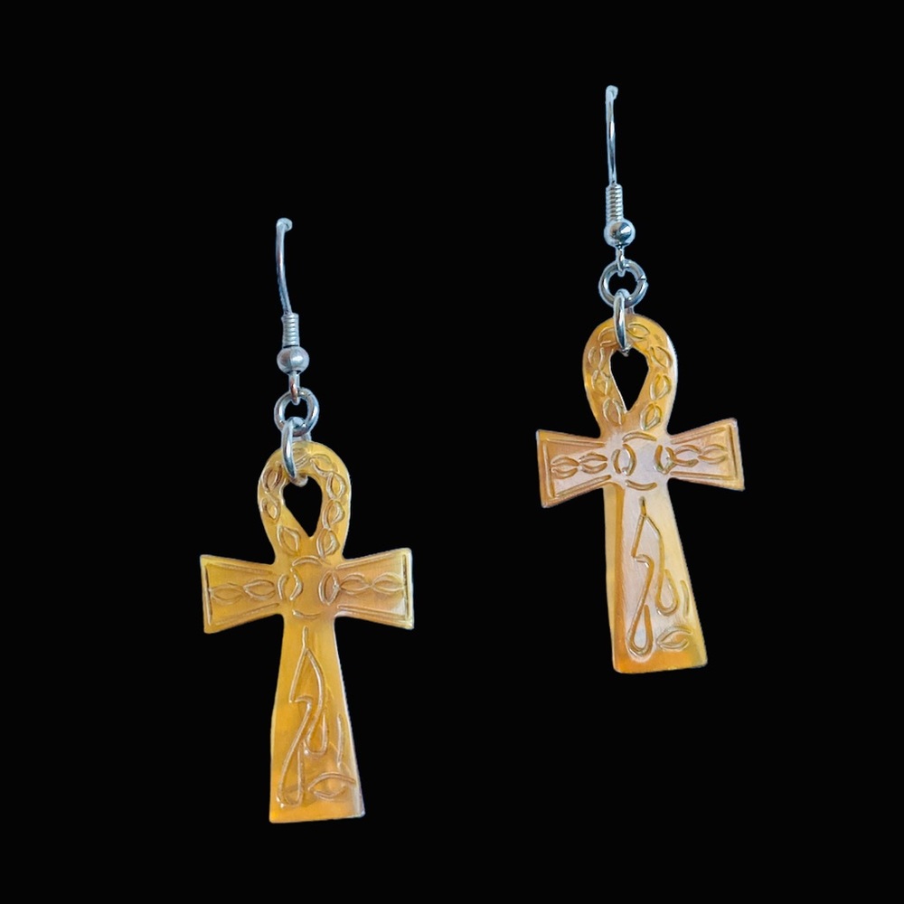 Golden Egyptian Ankh Cross Horn Earrings